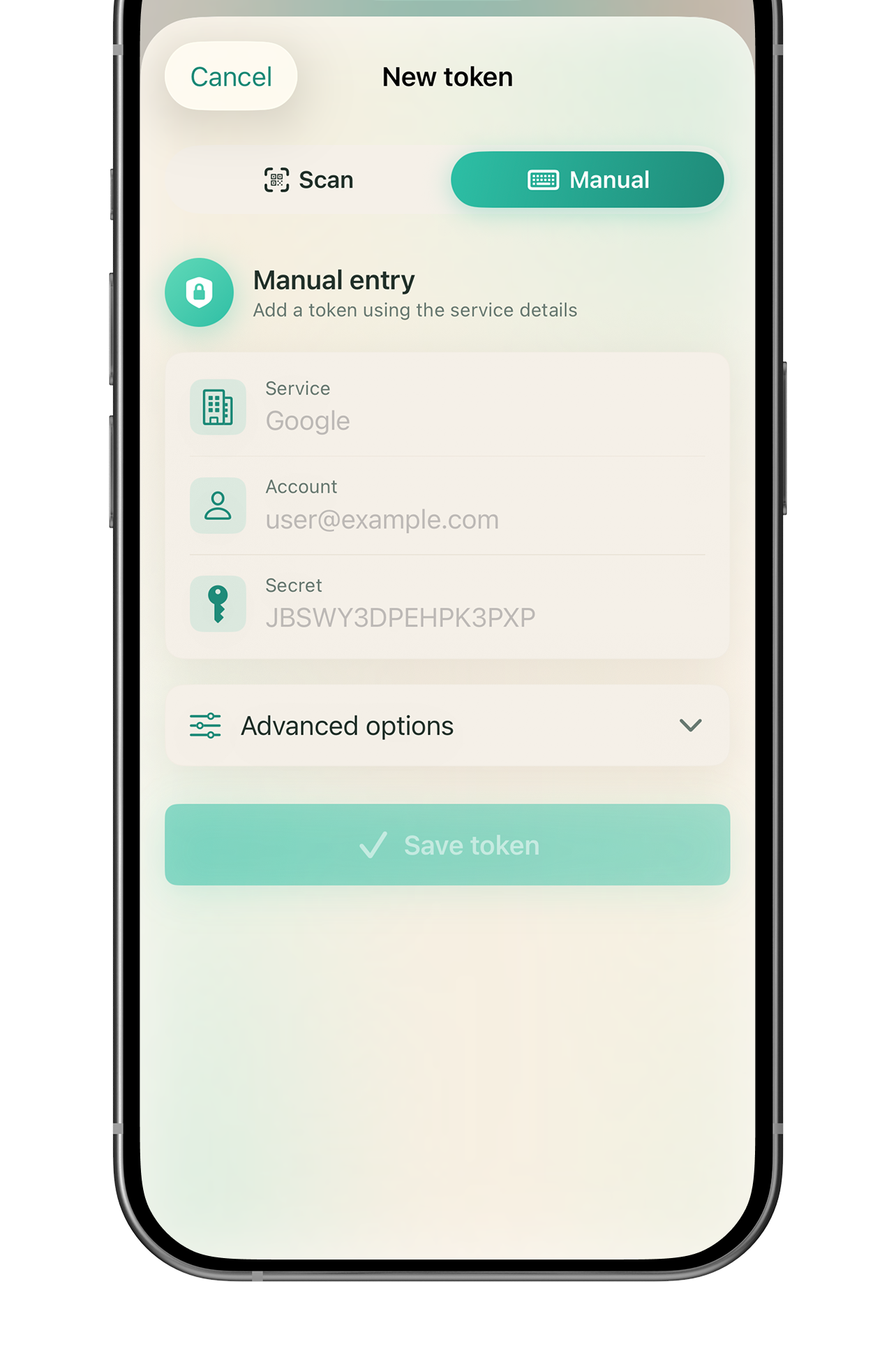 Manual token entry screen